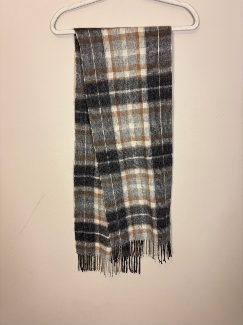 Joseph & Feiss 100% Wool Plaid Scarf in Gray, Brown and White
